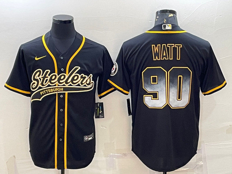 Men's Pittsburgh Steelers #90 T.J. Watt Black Gold With Patch Cool Base Stitched Baseball Jersey - Click Image to Close